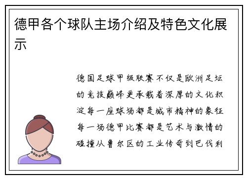 德甲各个球队主场介绍及特色文化展示